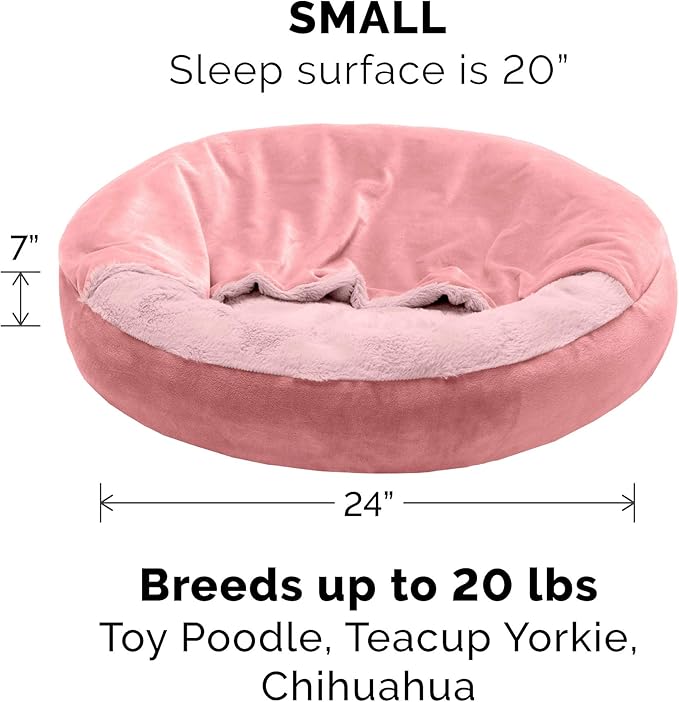 Furhaven 24" Round Calming Donut Dog Bed for Indoor Cats & Small Dogs, Washable, For Dogs Up to 20 lbs - Plush Velvet Waves Hooded Donut Bed - Rose Pink, Small