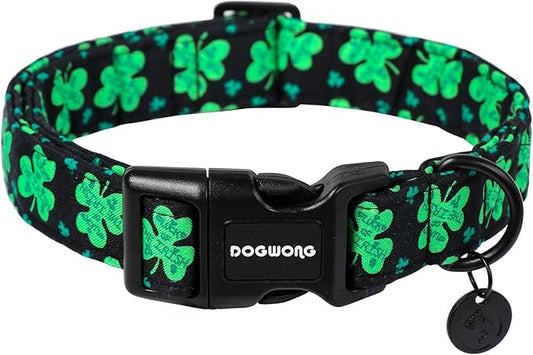 DOGWONG Black St. Patrick's Day Dog Collar, Green Lucky Clover Shamrock Dog Collar Soft Durable Adjustable Costume Bright Lucky Charm Puppy Collar for Small Medium Large Dog