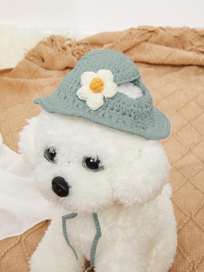 QWINEE Cartoon Flower Design Knit Cute Dog Hat Soft Cat Hat Rabbit Hat Halloween Christmas Party Costume Head Wear Accessories for Puppy Cat Kitten Small Dogs Small Animals Solid Blue S