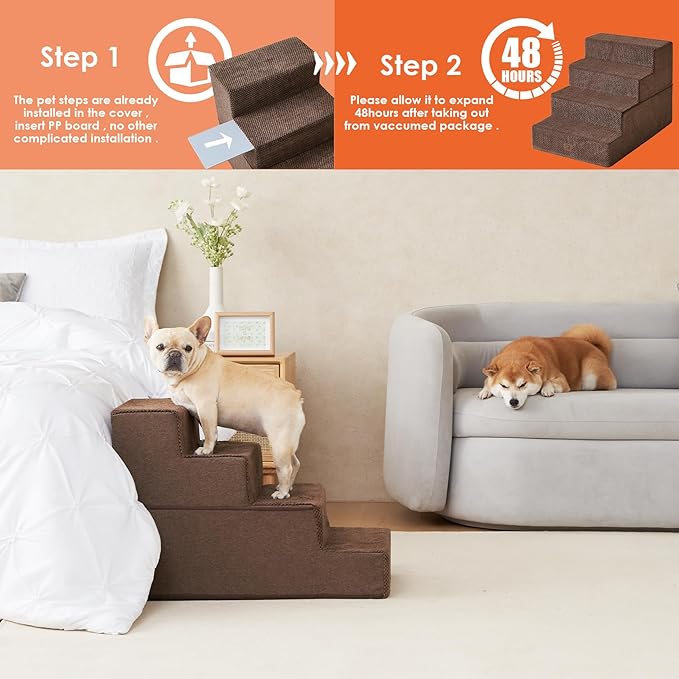 EHEYCIGA Dog Stairs for Bed 20”H, 4-Step Extra Wide Dog Steps for High Bed, Pet Steps for Small Dogs and Cats, Non-Slip Balanced Pet Ramp, Brown