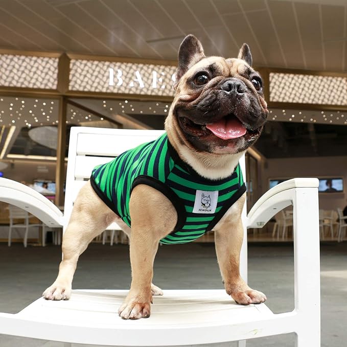iChoue French Bulldog 100% Breathable Cotton Striped T Shirts Halloween Vest Clothes for Medium Dogs Tank Tops Frenchie Pug English Boston Terrier Pitbull Green Black Stripes - Large