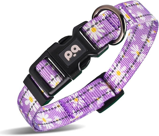 Dog Collar Cute Flower, Reflective Adjustable Basic Collars for Girl Female Small Medium Large Dogs Walking Running(Small,Purple)