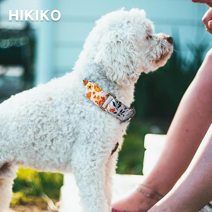 Hikiko Martingale Collar for Dogs with No Buckle Flower Dog Collars Comfortable Nylon Training Collar for Large Dogs,Retro Orange Flower,L