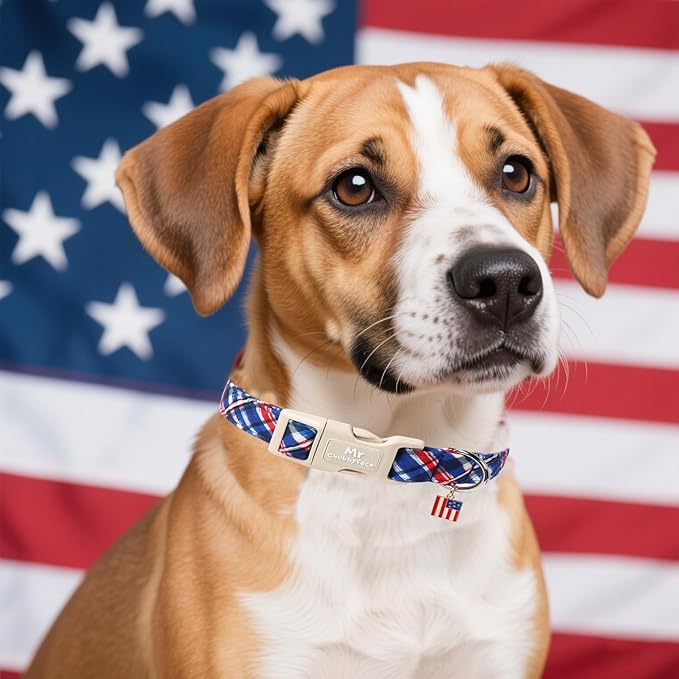 Plaid Cotton Dog Collar, Soft Checkered Patriotic Puppy Pet Collar with Plastic Buckle, Adjustable 4th of July Pet Collar for Small Medium Large Dogs