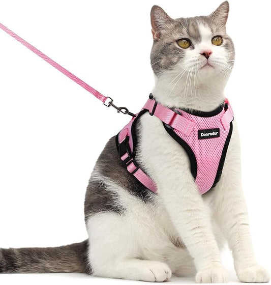 Dooradar Cat Harness and Leash Set, Escape Proof Safe Adjustable Kitten Vest Harnesses for Walking, Easy Control Soft Breathable Mesh Jacket with Reflective Strips for Cats, Pink, M