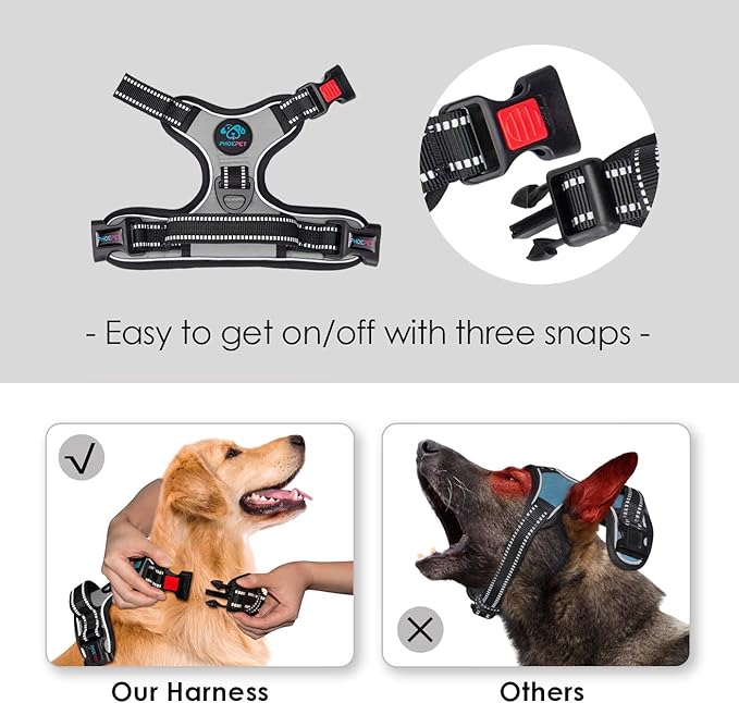 PHOEPET No Pull Dog Harness Medium Reflective Front Clip Vest with Handle,Adjustable 2 Metal Rings 3 Buckles,[Easy to Put on & Take Off](XL, Grey)