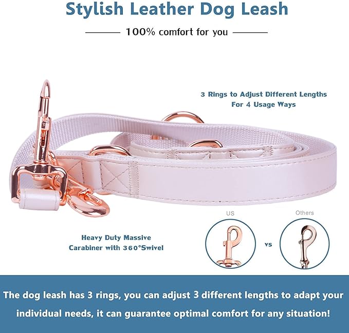 Soft Leather Dog Collar and Leash (6.6') Set - Stylish Rose Gold Heavy Duty Metal Buckle, 4 Adjustable Lengths Leash for Small Medium Large Dogs - Comfortable & Easy to Clean S(12.2"-16.9"), Gold Pink
