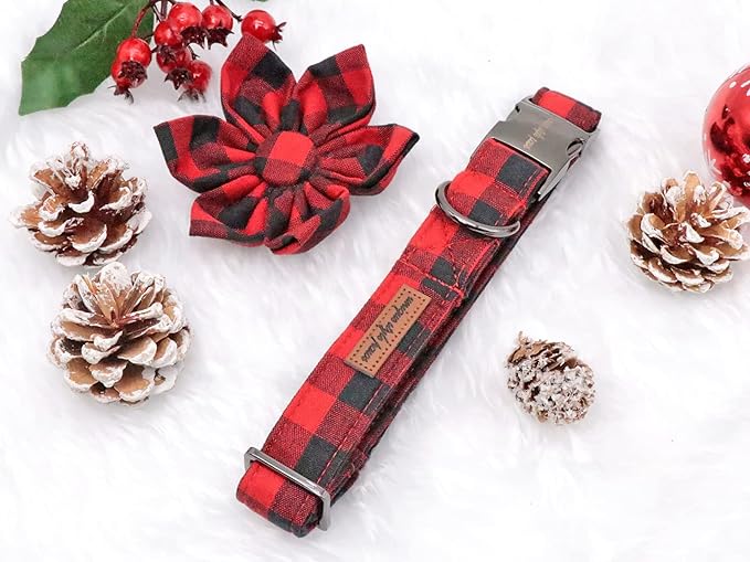 Uniqe Style Paws Christmas Grid Dog Collar, Female or Male Adjustable Dog Collar with Flower, Durable Floral Pattern Pet Collar for Large Dogs