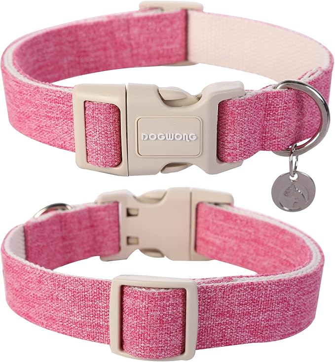 DOGWONG Cotton Hemp Dog Collar, Heavy-Duty Pink Adjustable Soft Fabric Wedding Puppy Necklace for Small to Large Dogs