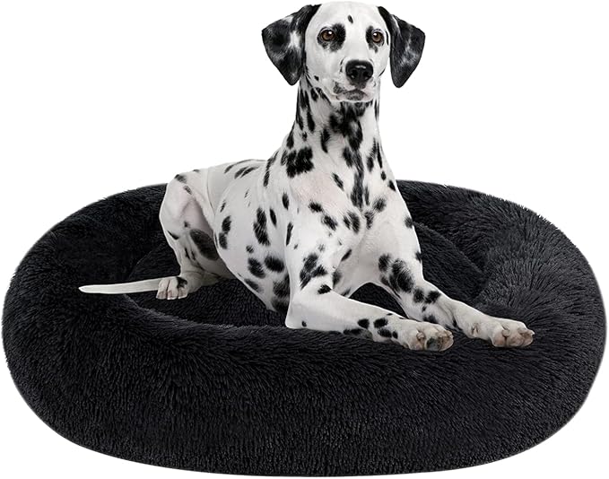 Coohom Oval Calming Donut Cuddler Dog Bed,Shag Faux Fur Cat Bed Washable Round Pillow Pet Bed(30"/36"/43") for Small Medium Dogs (XXL(43"x34"x8"), Dark Grey)