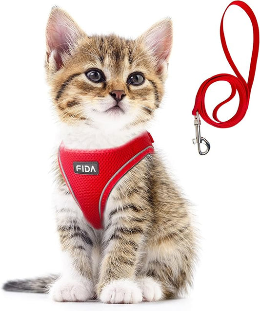 Fida Comfy Dog Harness with Leash, Cat Vest Harness Escape Proof, Breathable Lightweight Soft Mesh, Adjustable Reflective Step-in Harness for Puppy Toy Breeds & Extra-Small Pet (XXS, Red)
