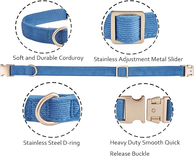 Soft Corduroy Dog Collar and Leash Set, Adjustable Cotton Dog Collars with Metal Buckle and Lead for Medium Dogs,Blue
