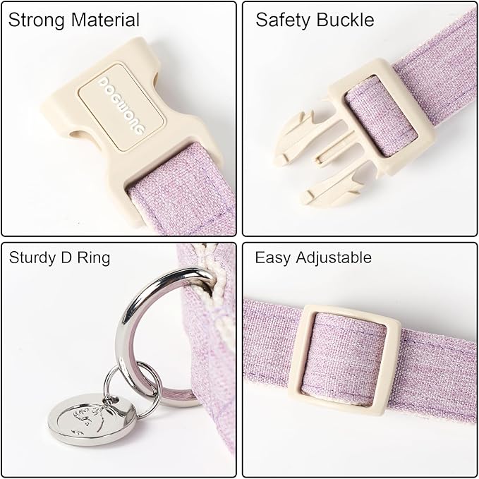 DOGWONG Cotton Hemp Dog Collar - Heavy-Duty Adjustable Soft Natural Fabric Pet Collar, Cute Wedding Puppy Necklace for Small Medium Large Dogs (Purple)