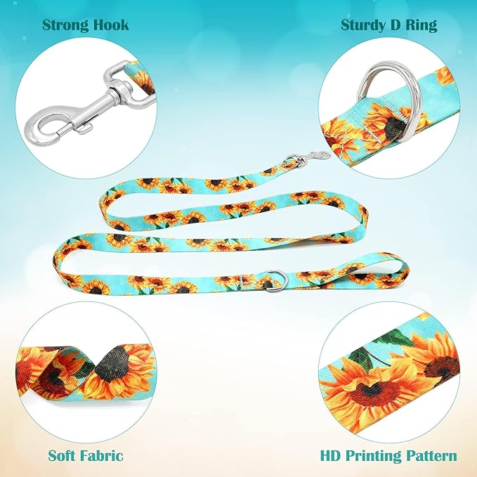 Cute Dog Collar and Leash Set 6 ft/Foot Dog Leash and Collar Adjustable Dog Harness and Leash Set Puppy Collars with Beautiful Floral Bow Tie for Small Medium Large Female Male Dogs,Sunflower-Teal