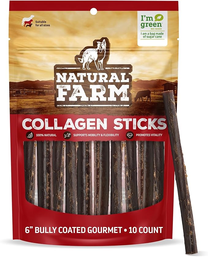 Natural Farm Odor-Free Bully Coated Gourmet Collagen Sticks (6 Inch, 10 Pack), Real Bully Beef Coated, 95% Natural Collagen, Supports Healthy Joints, Skin & Coat - Best for Small & Medium Dogs