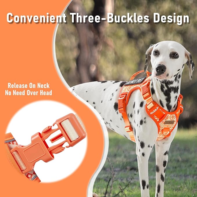 Orange Tactical Dog Harness with Ethnic Pattern for Big Dog, Like English Bulldog Doberman Husky Rottweiler Labrador, Easy to Put on and Take Off, No Pull Easy Walk Escapeproof No Choke, Large