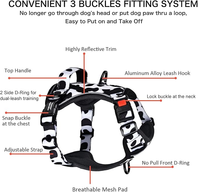 Petmolico No Pull Dog Harness and Leash Set, No Choke 4 Leash Attchments Easy Control Handle Soft Padded Reflective Vest Dog Harness for XS Dog Breed, Cow Pattern XS