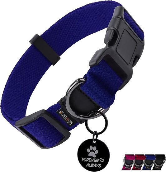 Cotton Soft Dog Collar, Quick Release Dog Collar with Buckle, Heavy-Duty Adjustable Pet Collar for XS Small Medium Large Dog, Colorfast Dog Collars with Removable Tag(L, Blue)