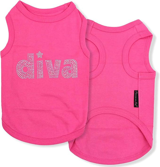 Parisian Pet Dog T-Shirt with Embroidered ' Diva ' - Breathable Tank Top - Sleeveless Pet Vest - Machine Washable Pink Tee Shirt for Small Dogs - S