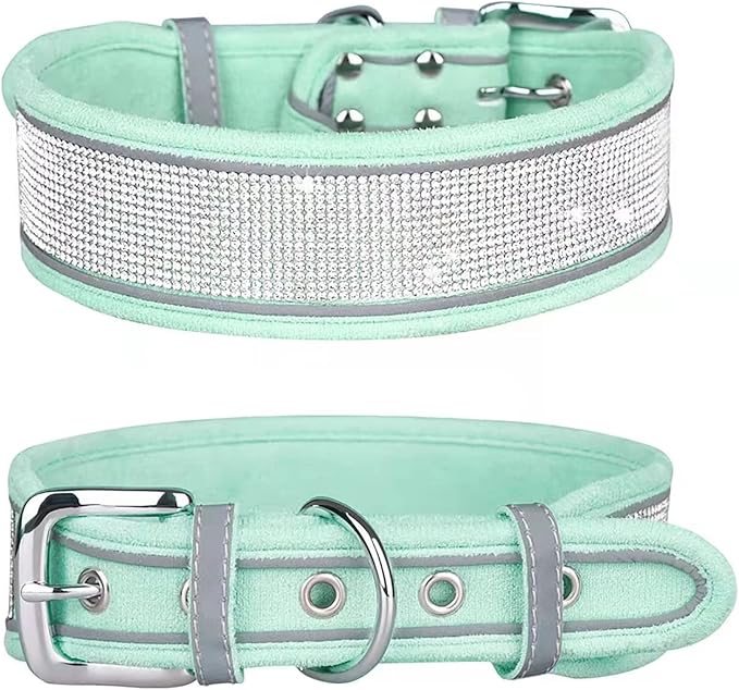 Bling Rhinestone Dog Collar Soft Comfortable Stylish Dog Collar with Bright Reflective Stripe Premium Adjustable Diamond Crystal Pet Collar for Small Medium and Large Dogs (L, Green)