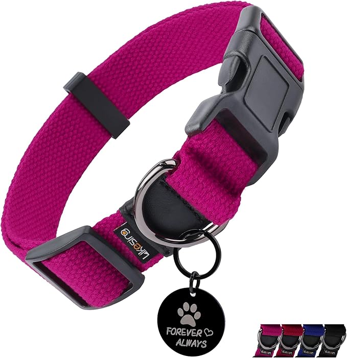 Cotton Soft Dog Collar, Quick Release Dog Collar with Buckle, Heavy-Duty Adjustable Pet Collar for XS Small Medium Large Dog, Colorfast Dog Collars with Removable Tag(M, Rose Red)