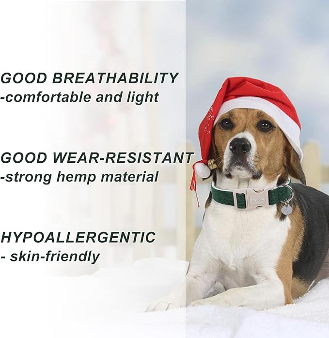 DOGWONG Cotton Hemp Dog Collar, Heavy-Duty Christmas Green Dog Collar Adjustable Soft Natural Fabric Pet Dog Collar Cute Holiday Puppy Necklace for Small Medium Large Dog