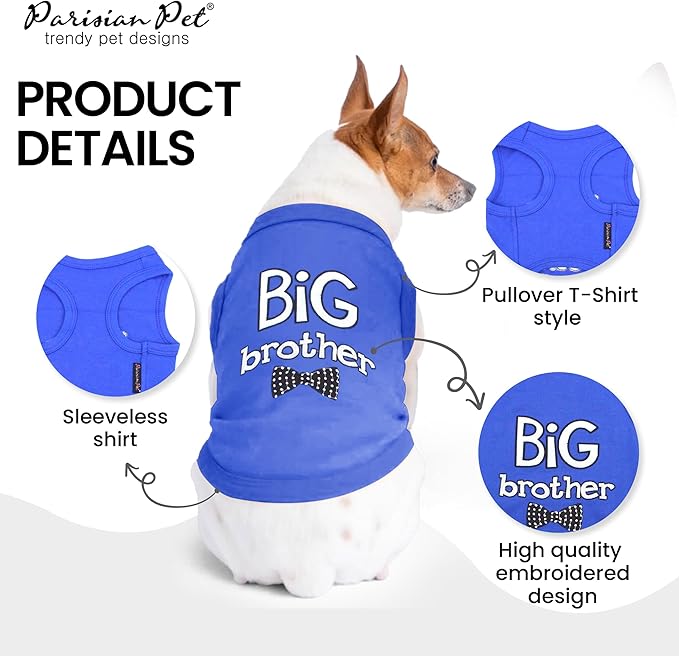 Parisian Pet Dog T-Shirt with Embroidered ' Big Brother ' Words - 100% Cotton, Sleeveless Pet Vest - Machine Washable Blue Dog Shirt for Large Dogs, 2XL