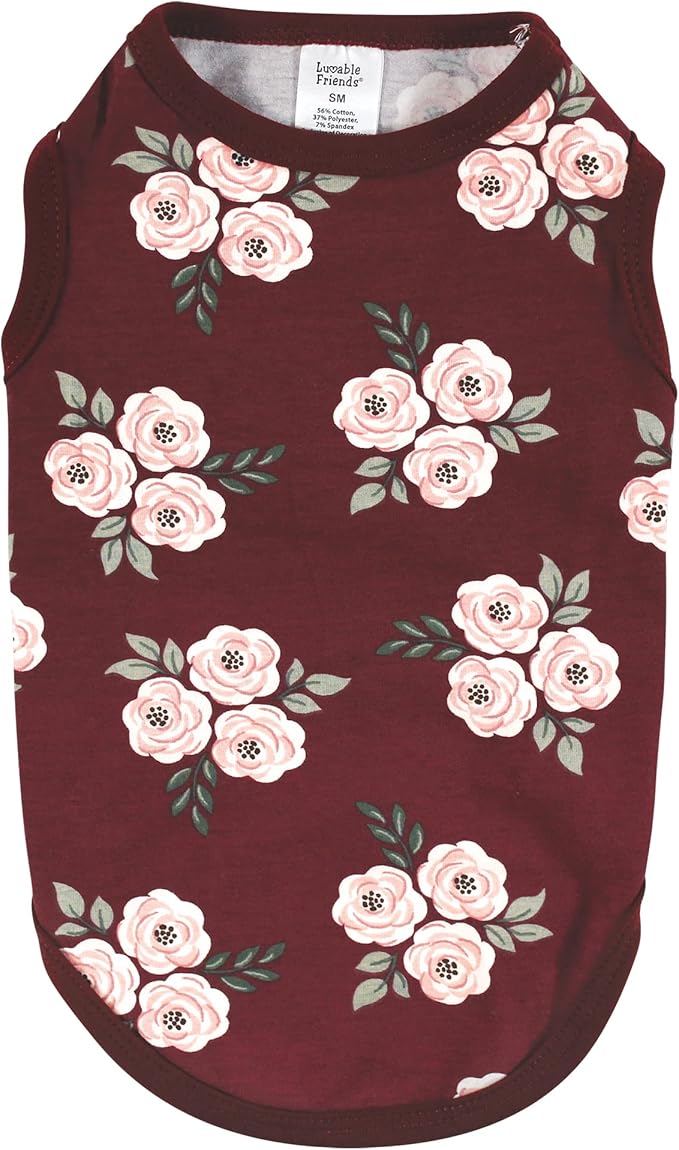Luvable Friends Dog Pet Dog and Cats Cotton T-Shirts 2pk, Burgundy Floral Botanical, X-Large