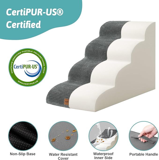 Dog Stairs for Small Dogs 19.7" H, Curved Dog Step for Puppy, Older or Cat, Medium Pet Ramp for Sofa, Couch or Bed, Ladder with High Density Foam, 15.7x28.3x19.7 inch, 4 Step, Dark Grey