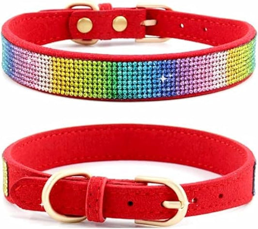 Rhinestone Dog Collar, Cute Dazzling Sparkling Soft Suede Leather Dog Cat Rhinestone Collar Crystal Diamond Pet Dog Puppy Collar (XXS, Red-3)