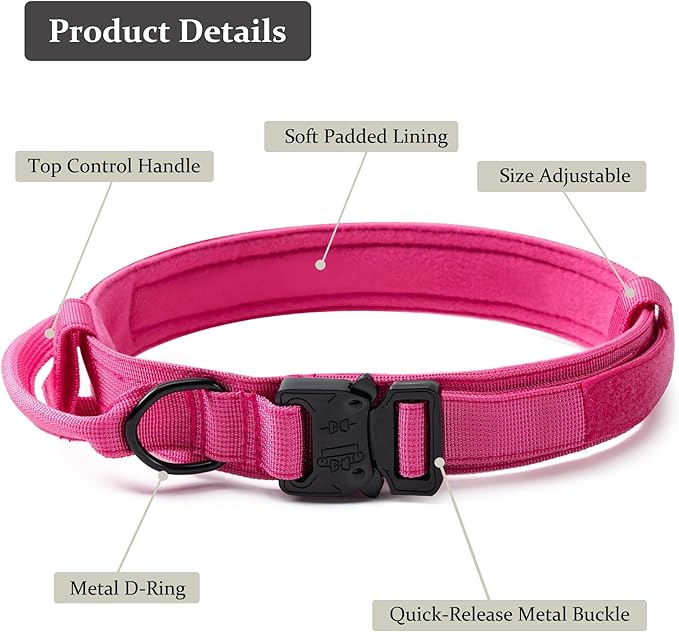 Tactical Dog Collar, Adjustable Military Training Nylon Dog Collar with Control Handle and Heavy Quick-Release Metal Buckle for Small Medium Large Dogs,Pink M