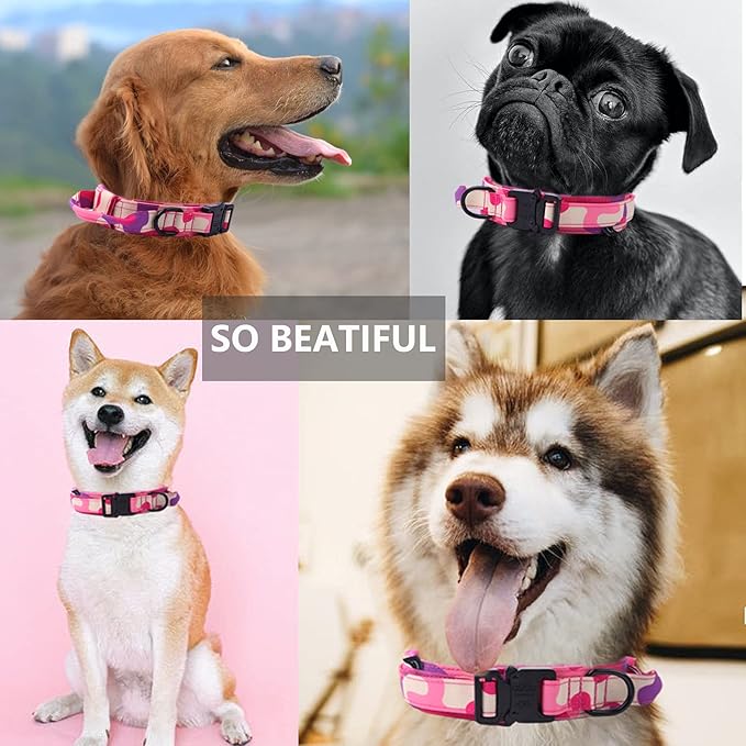 Xqpetlihai Tactical Dog Collar Adjustable Military Nylon Dog Collar with Control Handle and Heavy Duty Metal Buckle for Medium and Large Dogs (Pink Camo,L)