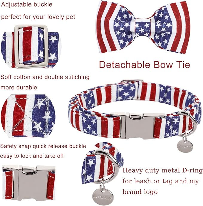 Dog Collar with Bow Tie, 4th of July Comfortable Cotton Dog Collar, American Flag Collar for Small Girl Boy Dog, Patriotic Bowtie Collar with Metal Buckle, S