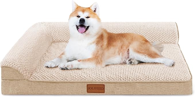 Orthopedic Jacquard Dog Bed for Medium Dogs, Waterproof L Shaped Medium Pet Sofa Bed with Washable Removable Cover, Non-Slip Soft Warm Comfortable Pet Couch Sleep Mat, 30''X20'' Ivory