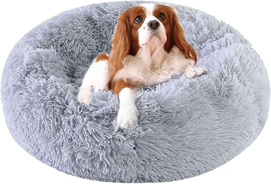 Dog Calming Beds for Small Medium Large Dogs - Round Donut Washable Puppy Dog Bed, Anti-Slip Faux Fur Fluffy Donut Cuddle Anxiety Cat Pet Bed(Light Grey 20")