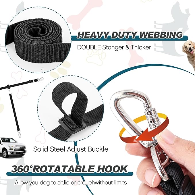 Truck Bed Dog Leash System for One Dog Pickup Tether Tie Down Car Harness Belt Heavy Duty Adjustable Safety Canine Leash for Pickup SUV Truck Outdoor Bed