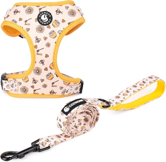 Dog Cat Harness and Leash Set, Puppia Soft Mesh Padded and Adjustable Puppy Vest Cute Dog Clothes Escape Proof Easy Walk Pet Accessories (Honeybee, L (Neck 15.7"-21"; Chest 19.6"-28.3"))