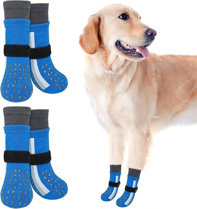 SCENEREAL Anti Slip Dog Socks for Hot Pavement to Prevent Licking Paws, Long Sporty Style Reflective Dog Grip Socks for Hardwood Floors, Dog Shoes Booties&Paw Protector for Large Senior Dog, Blue XL