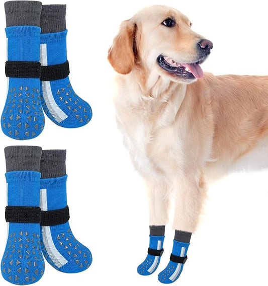SCENEREAL Anti Slip Dog Socks for Hot Pavement to Prevent Licking Paws, Long Sporty Style Reflective Dog Grip Socks for Hardwood Floors, Dog Shoes Booties&Paw Protector for Large Senior Dog, Blue XL
