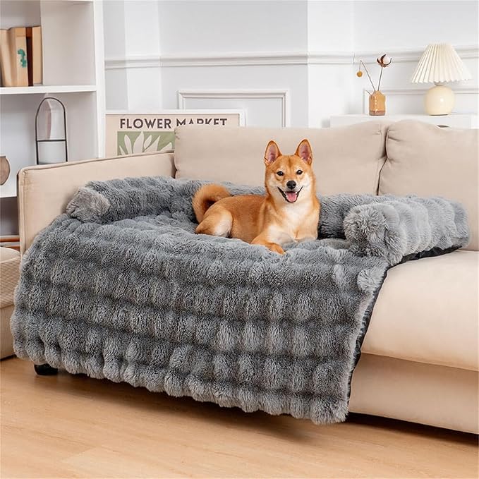 FUNNYFUZZY Calming Dog Bed Mat, Fluffy Fuzzy Couch Cover for Sofa, Furniture Protector with Removable Washable Cover for Medium Small Dogs and Cats (Grey,47.24 × 37.4 × 6.3 in)