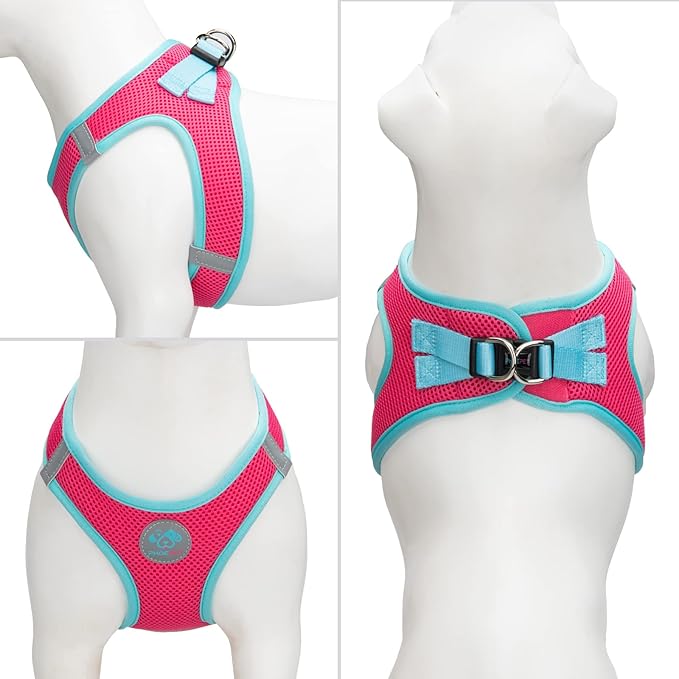 PHOEPET Step-in Dog Harness,Reflective Adjustable Dog Vest Harness, Soft Pet Walking Jacket with 2 Metal Leash Hooks for Dog and Cat(Pink Base & Green Straps,L)