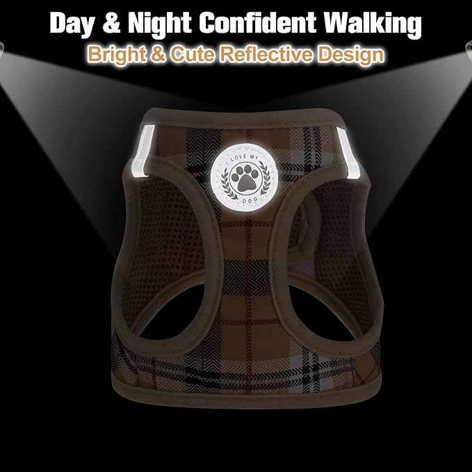 BEAUTYZOO Small Dog Harness and Leash Set,Step in No Choke No Pull Soft Mesh Dog Harnesses Reflective for Extra-Small/Small Medium Puppy Dogs and Cats, Plaid Dog Vest Harness for XS S Pets, Beige M