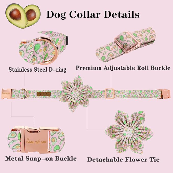 Unique style paws Dog Collar with Flower Tie Pink Avocado Summer Dog Collar for Small Medium Large Dogs with Adjustable Metal Buckle -XL