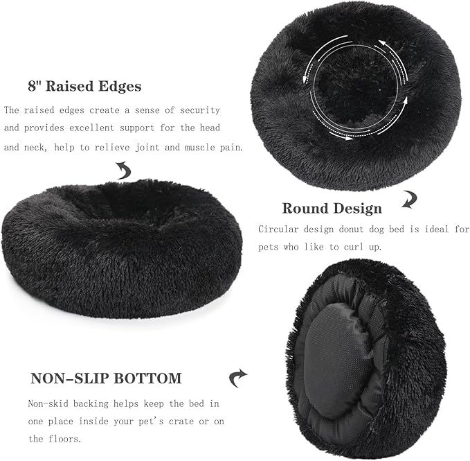 Black Dog Beds for Medium Dogs Washable Calming Bed for Dogs 28 Inches Black Calm and Anti Anxiety Faux Fur Round Medium Sized Pet Bed