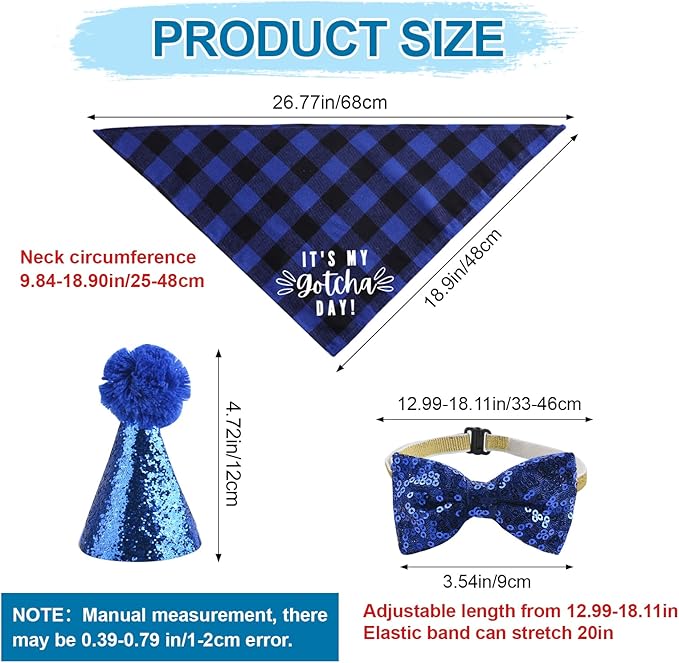 Dog Birthday Bandana Hat Bow Tie Set, 3 Pieces My Gotcha Day Plaid Triangle Bibs Scarf Bowtie Collar With Cone Hat for Party, Blue