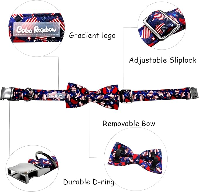 Dog Collar, 4 of July Independence Day American Flag Dog Bow Collar Boy Pet Collar Bowtie Duarble Puppy Collars for Small Medium Large Dog