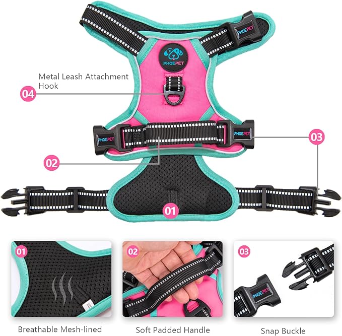 PHOEPET 2019 Upgraded No Pull Dog Harness, Reflective Adjustable Vest, with a Training Handle + 2 Metal Leash Hooks+ 3 Snap Buckles +4 Slide Buckles(S, Pink)