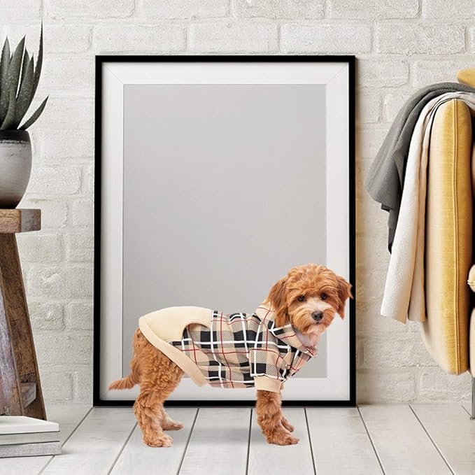 EXPAWLORER Plaid Dog Hoodie - British Style Warm Dog Sweater Shirt with Leash Hole,Pitbull Clothes Outfits,Winter Coat Apparel for All Breeds Puppy Girl Boy-Cat Apparel