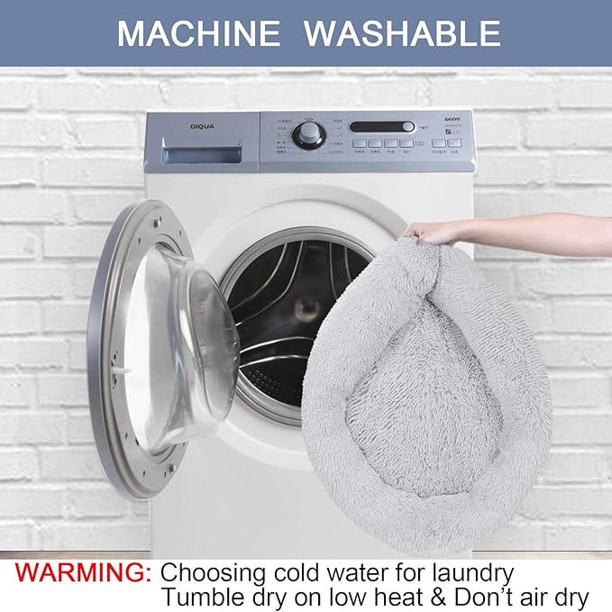 Dog Calming Beds for Small Medium Large Dogs - Round Donut Washable Puppy Dog Bed, Anti-Slip Faux Fur Fluffy Donut Cuddle Anxiety Cat Pet Bed(Light Grey 20")