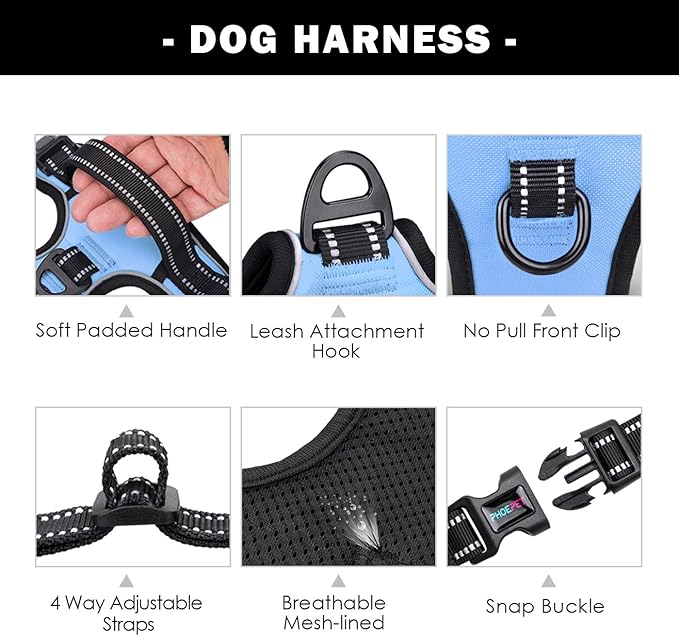 PHOEPET No Pull Dog Harness Reflective Adjustable Vest with a Training Handle, Name ID Pocket, 2 Metal Leash Hooks, 3 Snap Buckles [Easy to Put on & Take Off](XS, Baby Blue)